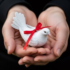 Obraz premium Woman holding a white dove figurine with a red ribbon in her cupped hands. Symbol of peace, purity, spirit and love for Christian holidays.