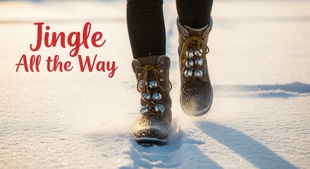 Festive boots jingle through crisp winter snow, spreading holiday cheer on a bright sunny day - perfect for Christmas marketing and seasonal promotions