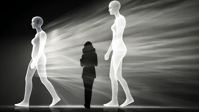 Abstract Art Silhouette with Light Beams: Modern Exhibition of Human Figures and Mannequin Shadow Play in Contemporary Artistic Installation 