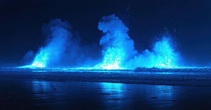 Glowing blue waves crash onto dark sand. Dramatic ocean scene, nighttime exposure creates surreal effect. Beautiful luminescence visible.