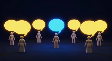 Diverse group sharing unique ideas representing communication brainstorming and different perspectives in glowing speech bubbles