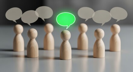 Wooden figures with speech bubbles represent communication collaboration discussion and diverse opinions in a group brainstorming
