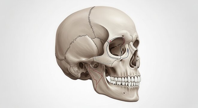 Detailed anatomical illustration of a human skull for medical reference and educational materials, showcasing bone structure and key anatomical landmarks