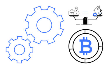 Cryptocurrency concept. Cryptocurrency with Bitcoin symbol, gears automation, and a balancing scale financial decisions. For fintech, blockchain, automation processes, financial systems, and digital