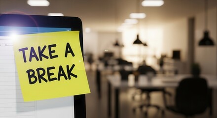 Need a break from work? Time for a mental reset with a friendly reminder on your screen in a modern office, promoting balance and well-being