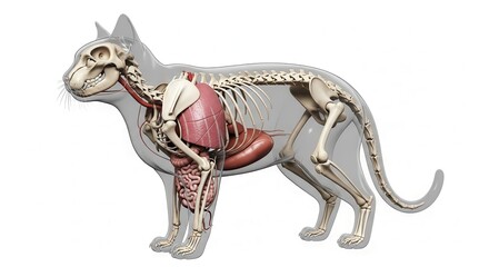 Explore the inner workings of a cat with this detailed anatomical rendering showcasing the skeleton and organ systems for veterinary education and research