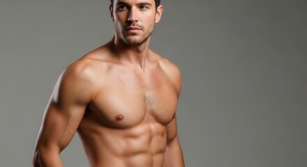 Attractive man with sculpted abs looking away in studio lighting for fitness product advertising or health campaign promotions, radiating confidence