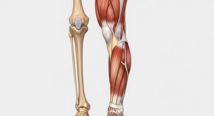 Detailed anatomical view of the human leg showing bones and muscles for medical study and training, perfect for educational and healthcare content