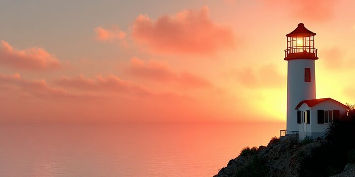 Breathtaking Coastal Sunset with Vibrant Sky, Majestic Lighthouse Standing Tall on Rugged Cliffside