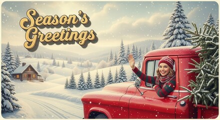Cheerful woman in red truck bringing home a freshly cut Christmas tree, spreading holiday cheer in a snow-covered winter wonderland with cozy cabin scene