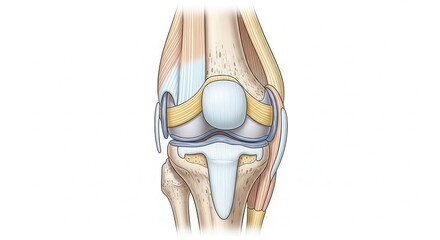Explore the intricate anatomy of the human knee joint, a detailed medical illustration showcasing ligaments, muscles, and bone structure for educational use