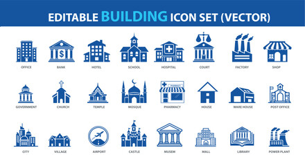 Building Flat Icon Set &ndash; Editable Office, Hospital, Mall, Mosque, Airport, Factory & City Landmarks Icons for Maps, Apps, Real Estate, and Urban Planning