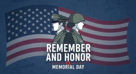 Remember and honor Memorial Day with this powerful tribute to our veterans, featuring a patriotic American flag backdrop and symbolic military figures