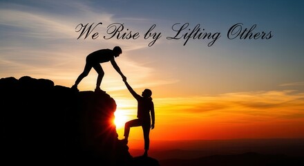 Inspirational teamwork silhouette at vibrant sunset, mentorship and support concept, we rise by lifting others, perfect for motivational campaigns