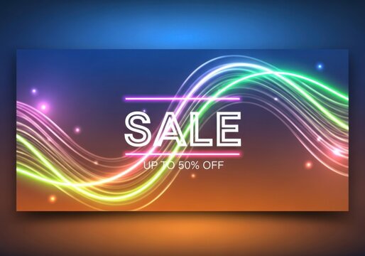 Neon color wave sale banner with soft gradient background