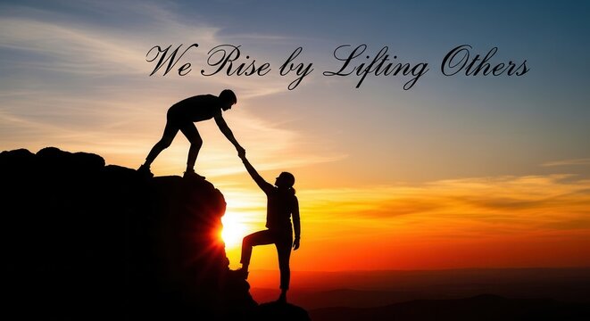 Inspirational teamwork silhouette at vibrant sunset, mentorship and support concept, we rise by lifting others, perfect for motivational campaigns
