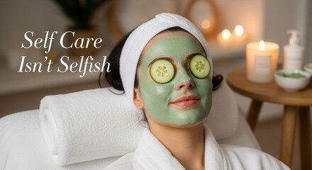 Relaxing spa day featuring a woman enjoying a rejuvenating facial mask with cucumber eye treatment in a peaceful, candlelit setting for wellness promotion