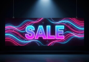 Neon sale text with colorful flowing waves
