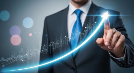 Businessman points to a rising arrow representing business growth success and positive trends in financial markets