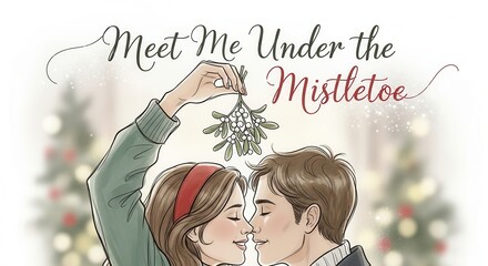 Romantic couple kissing under the mistletoe during the holidays, a charming and festive illustration full of love and joy for the Christmas season