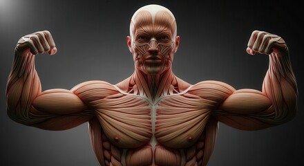 Striking anatomical representation of human musculature showing strength and structure, ideal for educational or medical contexts with detailed muscle definition