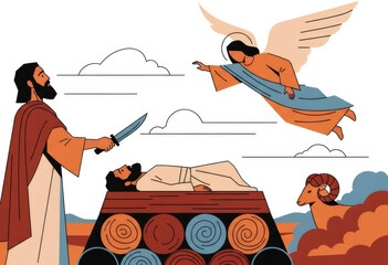 Obraz premium Abraham preparing to sacrifice Isaac with an angel stopping him. Biblical story of faith and obedience. Old Testament illustration.