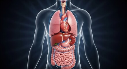 Detailed anatomical rendering showcasing human internal organs like heart, lungs, liver, and intestines for medical education and healthcare presentations