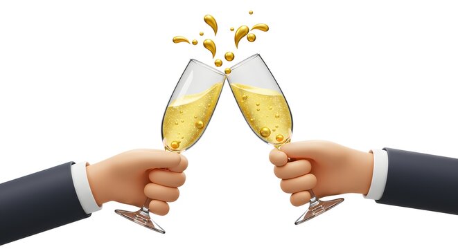 Cartoon hands in suits toasting with champagne glasses, celebrating success and achievement with a golden splash.