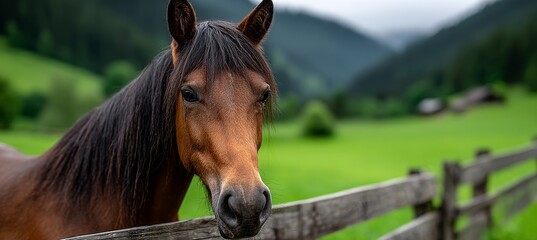 Graceful Quarter Horse Gazing Over a Wooden Fence in Lush Green Pastures Under a Clear Blue Sky