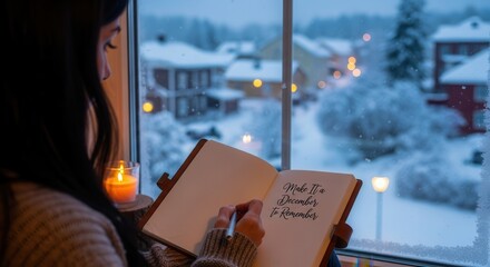 Cozy winter scene as a woman writes in a journal by candlelight, dreaming of a December to remember with snow falling outside the window