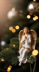 Obraz premium Angel figurine with folded hands sitting on a Christmas tree branch. Christian religious devotion and holiday decoration concept for Christmas and New Year.