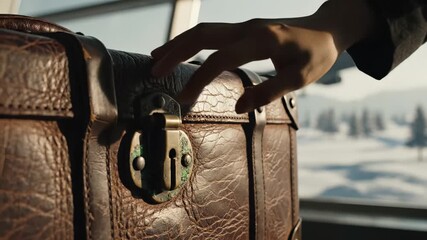 Hand touching a vintage leather suitcase with an airplane taking off in a snowy landscape for a nostalgic travel concept in cinematic warm light