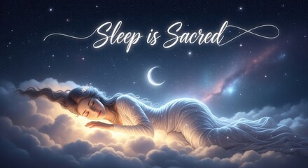 Dreamy woman floating on clouds under starry night sky, peaceful sleep concept art for meditation apps, serene bedtime stories, and wellness branding