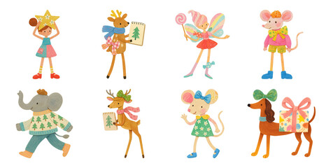 Obraz premium PNG Whimsical festive animal characters, element set on transparent background