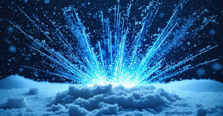 Bright blue explosion erupts from snow pile. Sparkling particles radiate outward, creating dynamic winter scene. Intense light contrasts dark background.