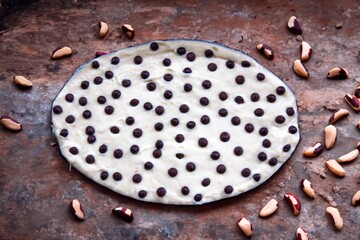 Traditional exotic cupuaçu mousse and cupuaçu cream, with chocolate chips, a sweet dessert from the Brazilian Amazon region.