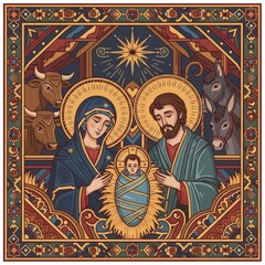 Fototapeta premium Woman Mary, man Joseph, and baby Jesus in the Nativity scene. Christian Christmas holiday. Biblical religious illustration for greeting card design.