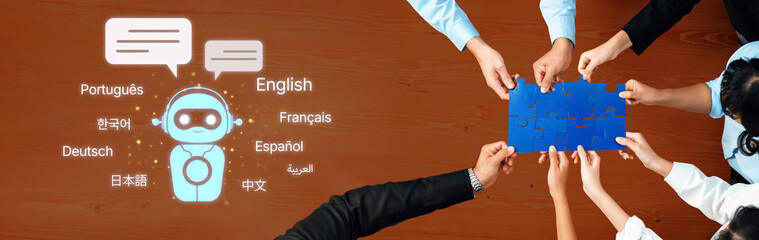 A group of diverse individuals works together to solve a puzzle, symbolizing effective teamwork and the importance of multilingual communication in business settings. Trope