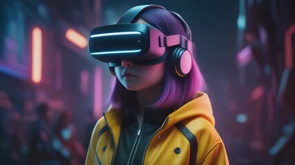 Girl with virtual reality headset and headphones explores immersive futuristic digital world with bright neon lights in vibrant metaverse - Powered by Adobe