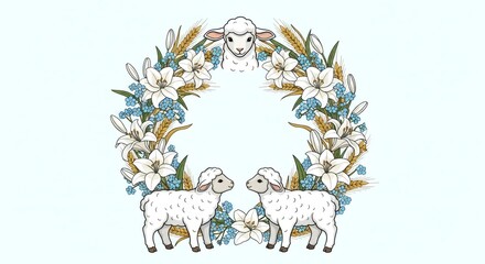 Lambs and wheat with lily and forget-me-not flower wreath. Christian religious symbolism for baptism and Epiphany.