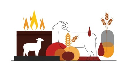 Obraz premium Religious offering concept with lamb, ram, fire altar, and wheat illustration. Christian symbolism for sacrifice and harvest.