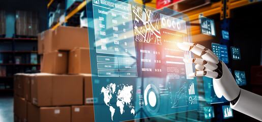 Innovative industry robot working in warehouse for human labor replacement . Concept of artificial intelligence for industrial revolution and automation manufacturing process .