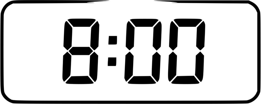 A black and white digital clock displaying eight o clock on a white background in a vector image
