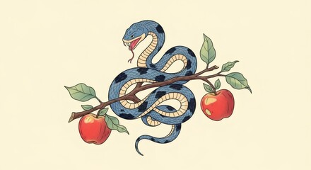 Serpent on an apple tree branch with red apples. Biblical temptation concept from the Garden of Eden story. Christian religion graphic.