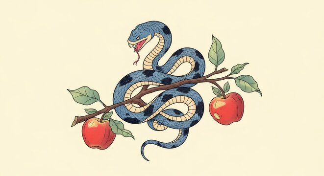 Serpent on an apple tree branch with red apples. Biblical temptation concept from the Garden of Eden story. Christian religion graphic.