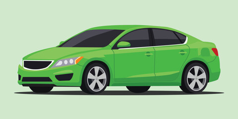 Illustration of a green sedan car with black windows and silver wheels on light green
