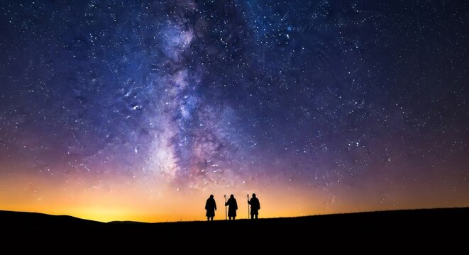 Three men in silhouette with shepherd staffs under a vibrant milky way and starry night sky. Nativity story, Epiphany.