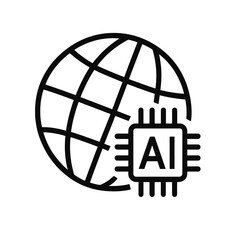Thin-line AI globe icon with segmented grid pattern, slightly angled, transparent PNG, ideal for visuals on global technology expansion, artificial intelligence networks and futuristic digital systems