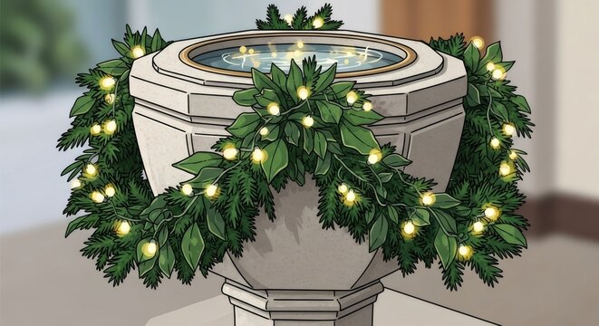 Christian baptismal font with festive garland and lights. Religious sacrament and spiritual cleansing concept for church event.