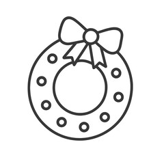 Minimalist Christmas wreath icon with bow, thin slanted line and no shadow, transparent PNG, ideal for festive decoration and seasonal design.